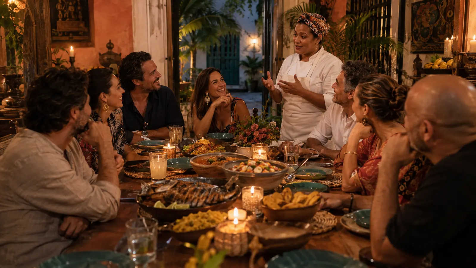 Grupo compartiendo una cena local