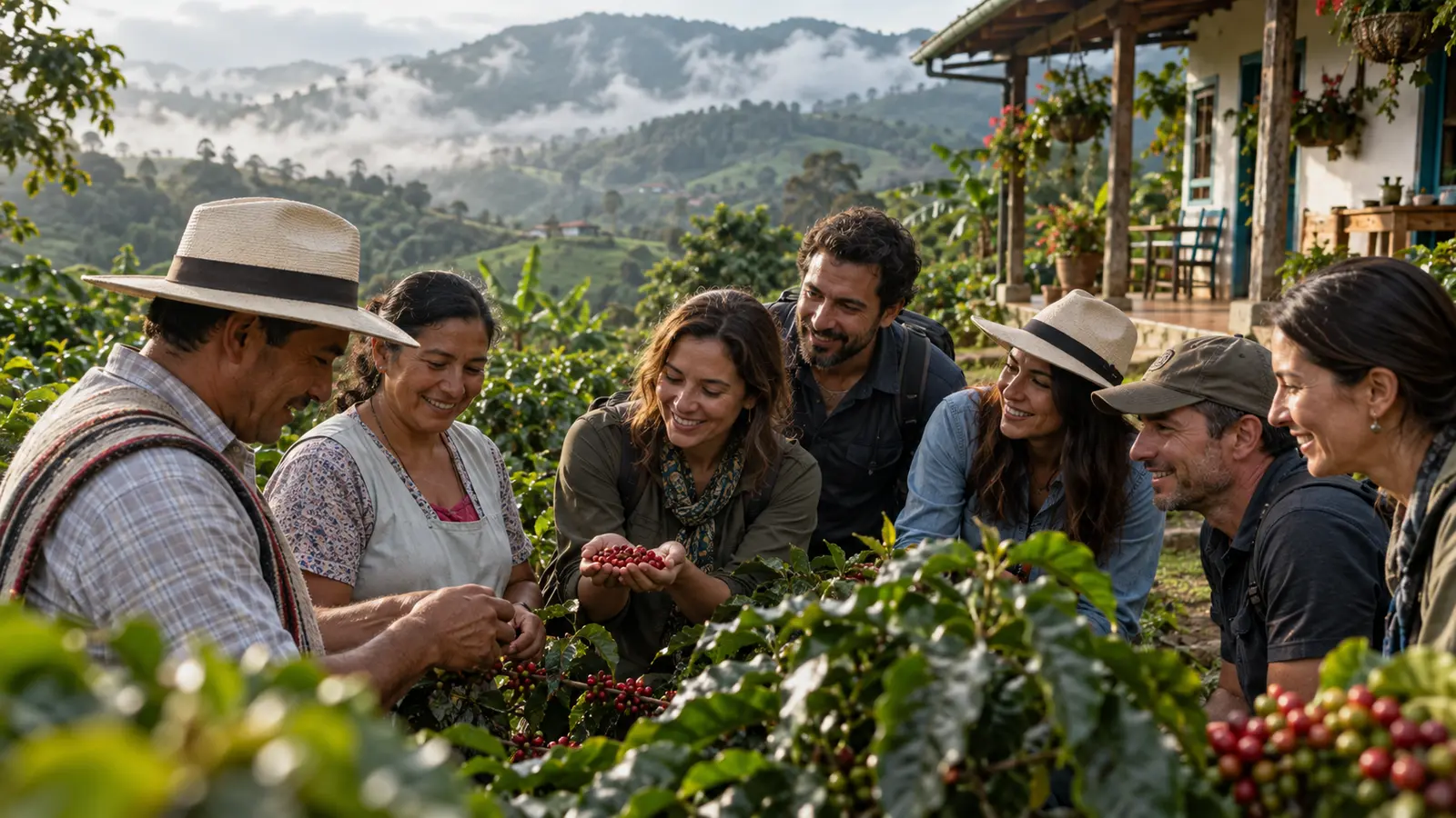 Grupo pequeño aprendiendo sobre café con una familia anfitriona