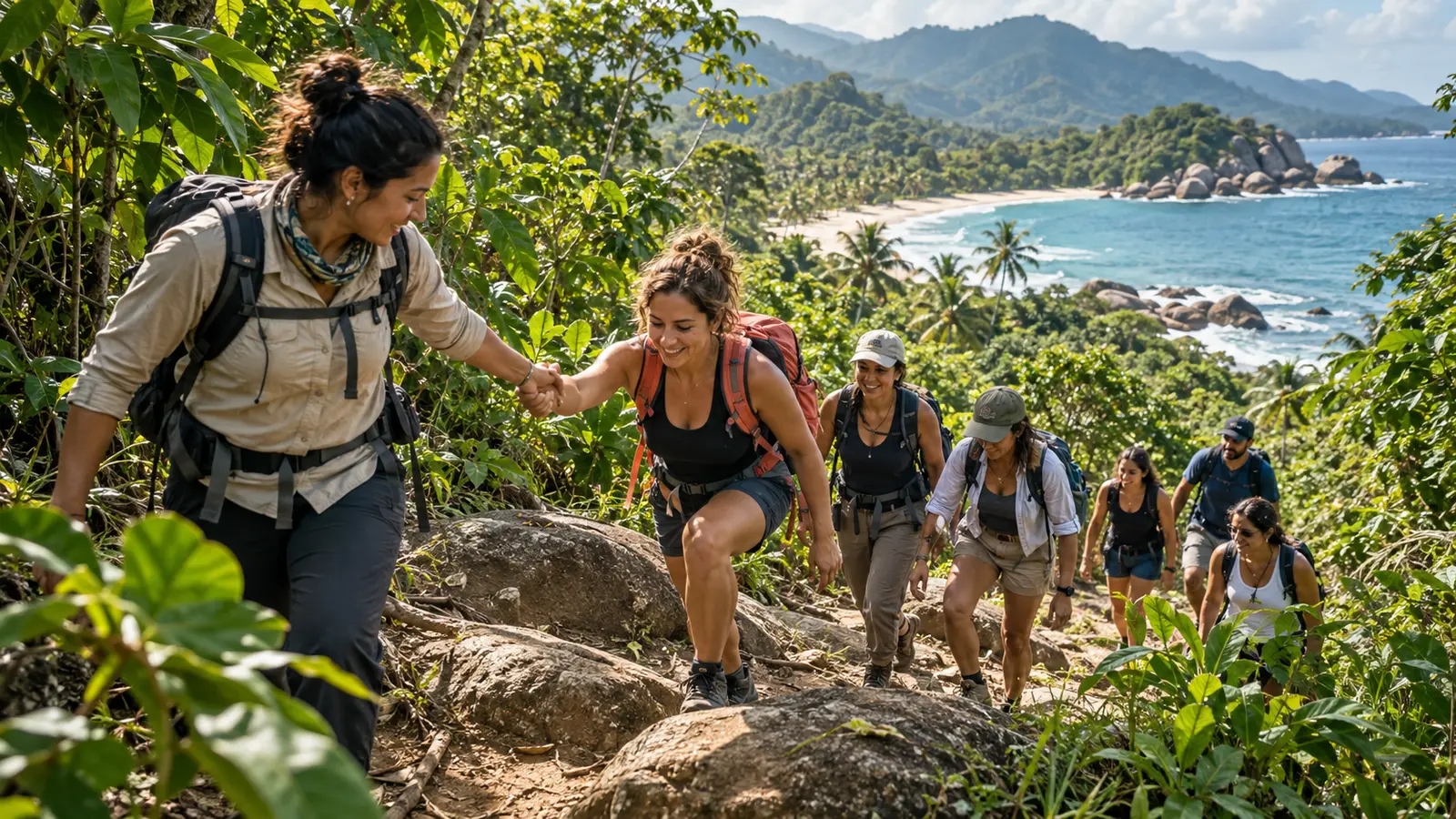Grupo pequeño apoyándose durante una caminata en Tayrona
