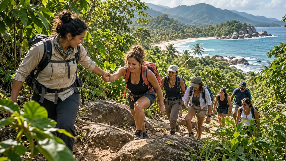 Viajeros apoyándose durante una caminata en Tayrona